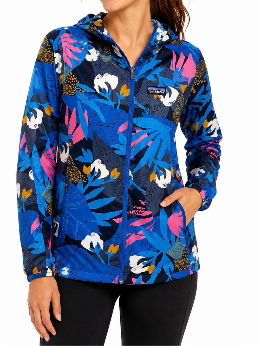 Patagonia Houdini Hooded Windbreaker Jacket S Blue Floral Packable Hiking